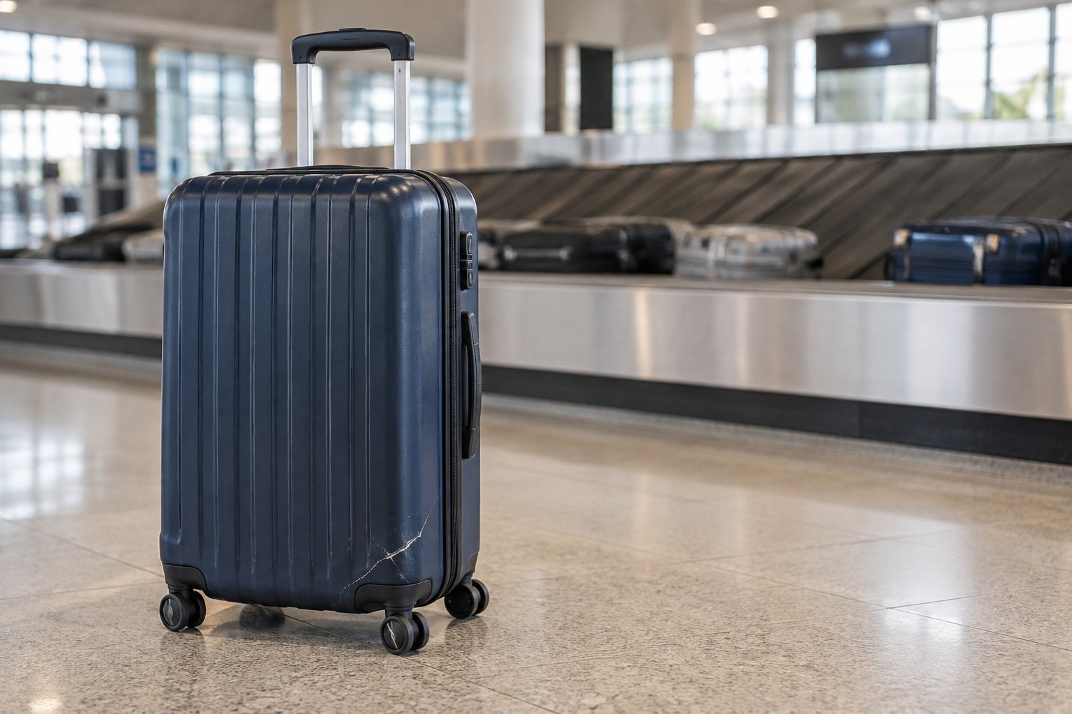 空港の手荷物受取所に置かれた、本体にひびがあるスーツケースのイメージ