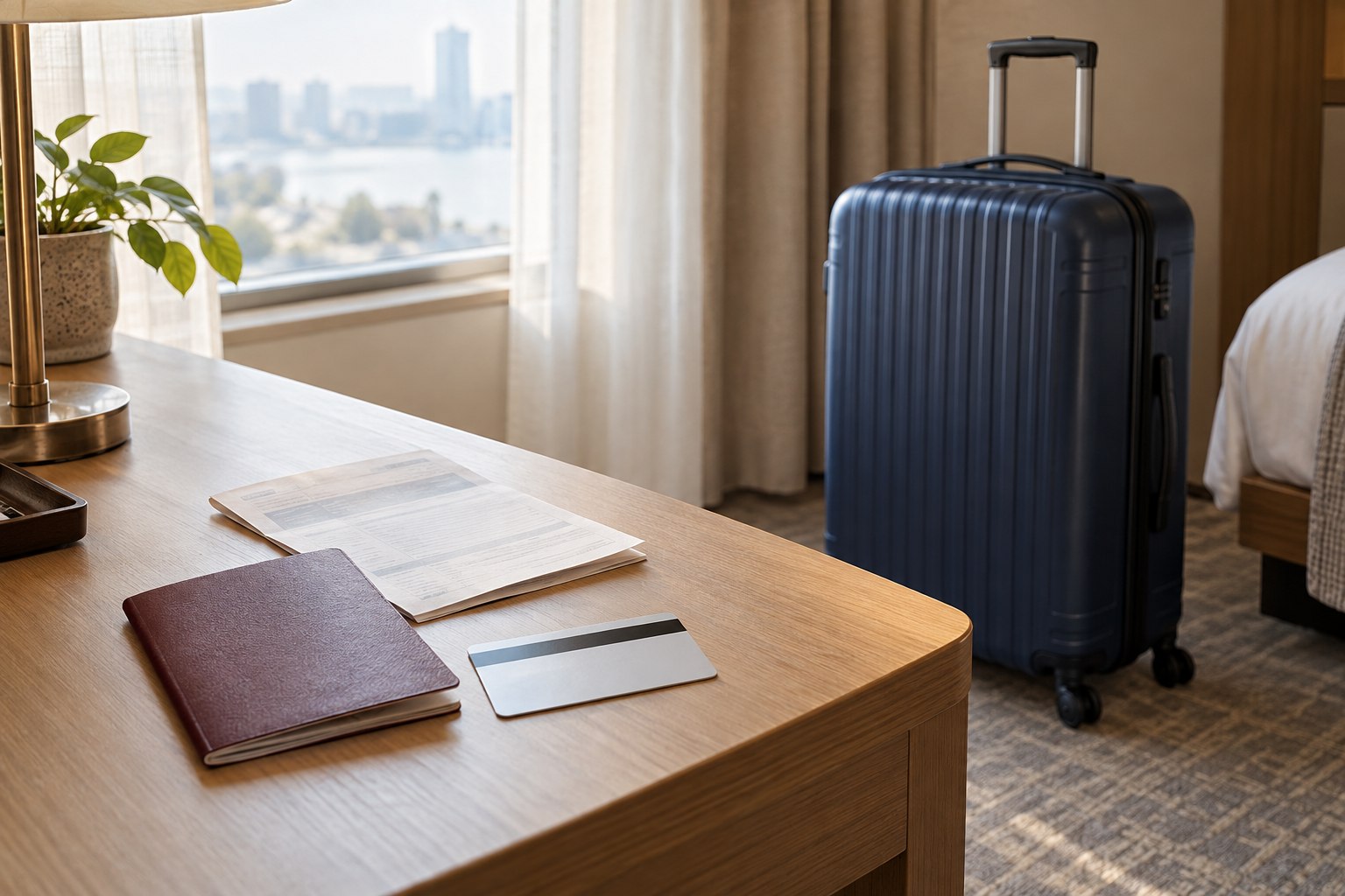 海外旅行のパスポートケースとカード、書類、スーツケースのイメージ